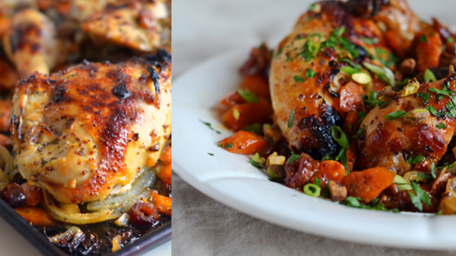 Sweet & Spicy Roast Chicken with Carrots, Dates & Pistachios (Once Upon a Chef)
