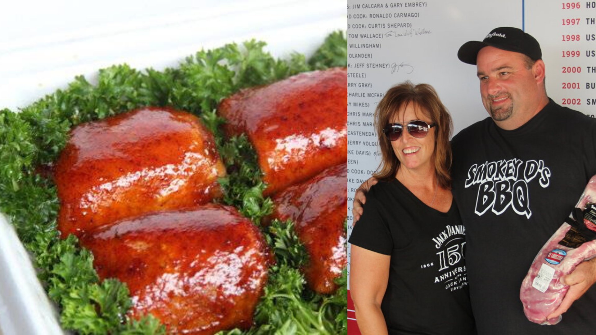 picture of Darren & Sherry Warth (Iowa’s Smokey D) beside bbq chicken recipe